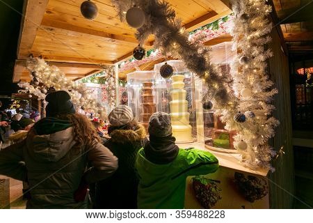 People Enjoying The Colorful Budapest Christmas Maekets, Hungary