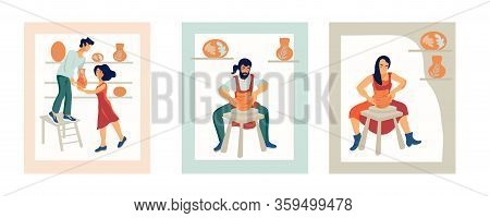Ceramists Work At A Potters Wheel In Ceramic Workshop Flat Vector Illustration.