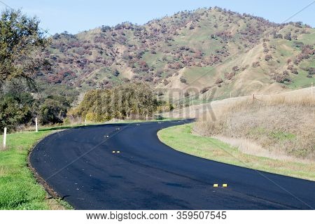 Curve On California State Route 128 Between The City Of Winters And Lake Berryessa, With A Panoramic