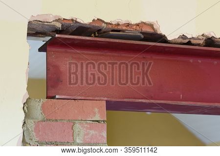 New Wall Opening Supported By Rsj Universal Steel Beam, Part Of Building Work In A Uk House Renovati