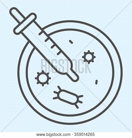 Virus Analysis Plate And Pipette Thin Line Icon. Petri Dish Outline Style Pictogram On White Backgro