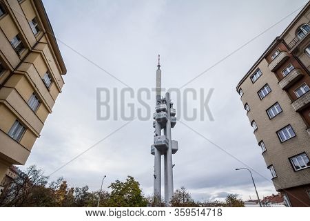 Panorama Of The Prague Television Tower, In Zizkov District, In Autum During A Rainy Afternoon. Also