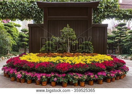 Hong Kong - January 18 2020 : Flowerbed At The Entry Of Nan Lian Garden, Diamond Hill, Kowloon, Medi