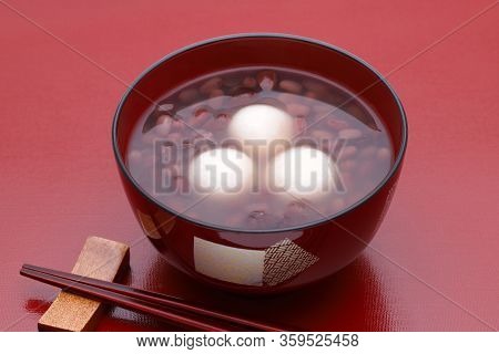 Japanese Confectionery, Zenzai Sweet In A Bowl On Wooden Table