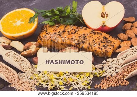 Inscription Hashimoto With Nutritious Natural Products And Ingredients Containing Vitamins For Healt