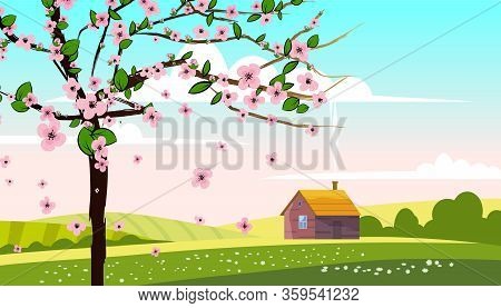 Lovely Countryside Landscape Farm House Hut Bloming Tree Green Hills Fields, Nature, Bright Color Bl