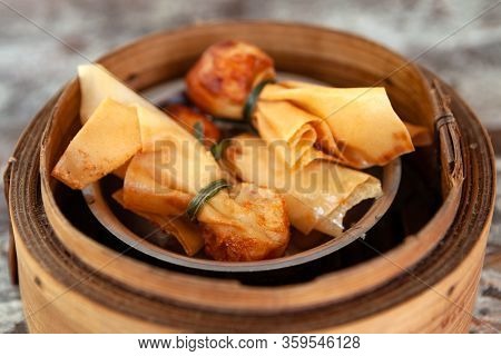 Thai Money Bag Or Toong Tong Is Thai Traditional Spring Rolls One Of Menu In Dim Sum Restaurant