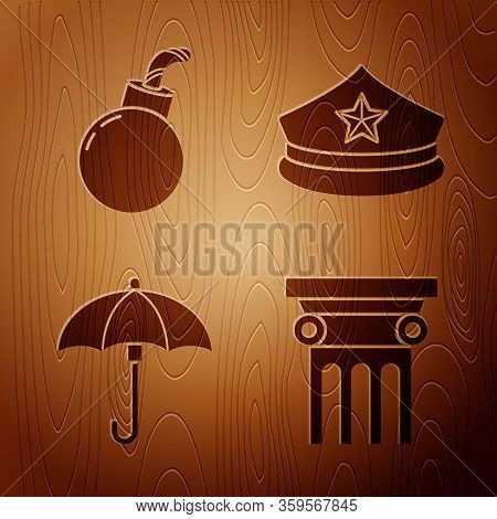 Set Law Pillar, Bomb Ready To Explode, Umbrella And Police Cap With Cockade On Wooden Background. Ve