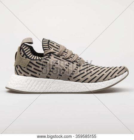 Vienna, Austria - August 6, 2017: Adidas Nmd R2 Pk Trace Cargo Sneaker On White Background.