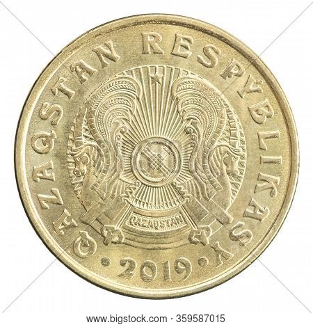 New Tenge Coin, New Sample Of 2019, Isolated On White Background With The Coat Of Arms