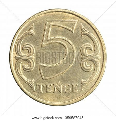 New Coin 5 Tenge, New Sample Of 2020, Isolated On White Background