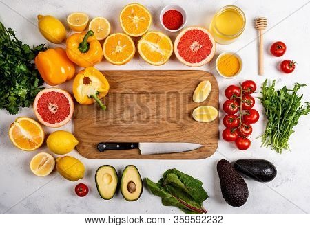 Board With Healthy Products For Immunity Boosting Or Diet Food Top View. Vegetables And Fruits To Bo
