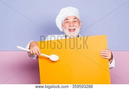Happy Hours. Cafe Shop Advertising. Bearded Senior Man In Apron. Chef With Blackboard Copy Space. Se