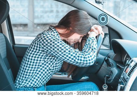 Sad Woman In A Car, Woman Was Involved In A Car Accident