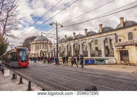 Istanbul, Turkey: Historical City Center And Tram Going Beside Of Mausoleum Of Sultan Mahmut Ii On B