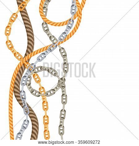 Background With Old Chains And Ropes. Nautical Chain And String Decorative Banner.