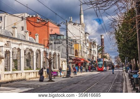 Istanbul, Turkey: Historical City Center And Tram Going Beside Of Mausoleum Of Sultan Mahmut Ii On B