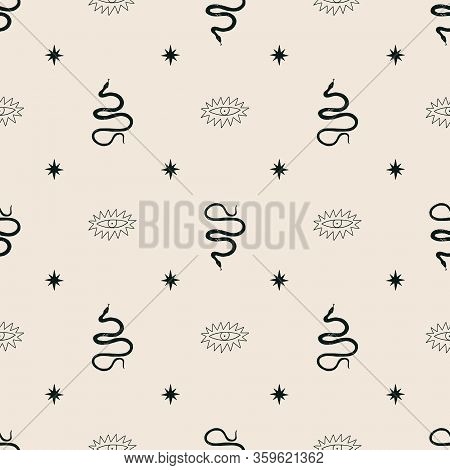 Celestial Boho Seamless Pattern With Hand Drawn Snakes In Vector.