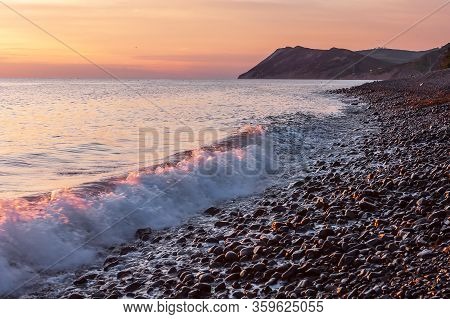 Scenic Landscape Of Black Sea Coast By Bolshoy Utrish Village, Anapa, Russia. Wave Splashing On Pebb