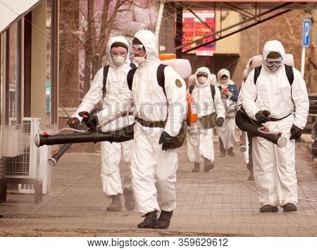 Karaganda, Kazakhstan - 3nd April, 2020 - Meticulous Disinfection And Decontamination On The Streets