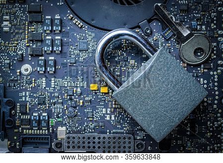 Computer Protection. Data Protect With Padlock, Key On Microscheme Chip. Business, Technology, Inter