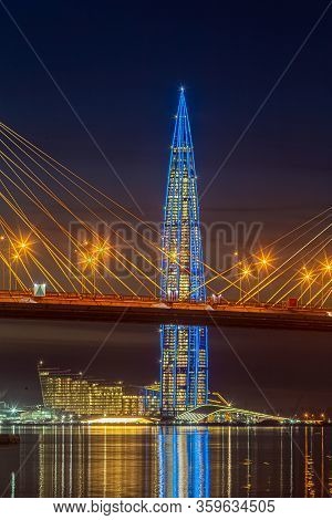 St. Petersburg, Russia, March 30, 2020. Lakhta Center And The Whsd Bridge At Sunset, Blue-yellow Ref
