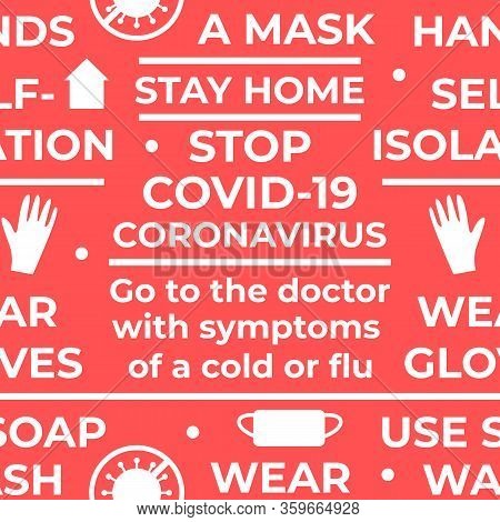 Coronavirus Covid-19 Regulations. Seamless Vector Pattern With Text And Symbol. Wear A Mask, Wear Gl