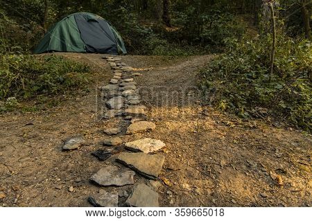 Travel And Camping Life Style Concept Outside Picture With Stone Rustic Trail Go To Tent Camp Site U