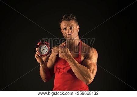 Time And Schedule. Nutritional Scheme. Man Chef Wear Apron. Sexy Muscular Chef Black Background. Att