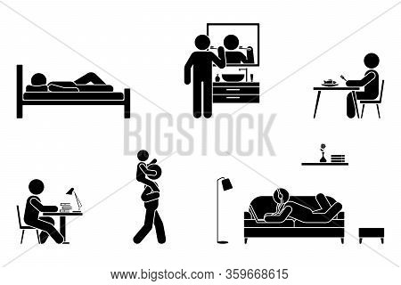 Stick Figure Man Everyday Life Time Activities Vector Icon Set. Sleep, Brush Teeth, Eat, Sit At Desk