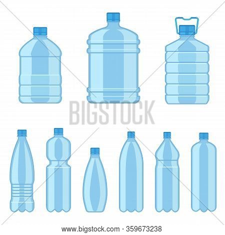 Plastic Water Bottles. Flat Containers Different Capacities For Liquids, Beverages Advertisement Ser