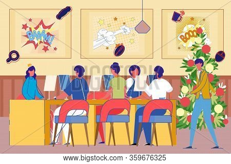 Gaming Or Geek Party In Club With People Cartoon Characters Playing Video Games Together. E-sporting