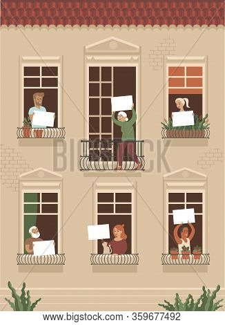 Neighbor People Life Through Open Windows. Housemates Holding Emplty Boards. Community Support. Vect