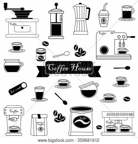 Big Coffee Shop Set Icon, Flat In Color Isolated On White Background. Vector Eps 10