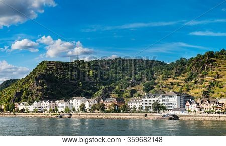 Sankt Goarshausen, Germany - August 11, 2018: Sankt Goarshausen Town On Rhine River, Romantic Rhine 