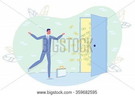 Happy Businessman And Financial Success Metaphor. Man Office Worker Rejoicing Money Cash Banknote Fl