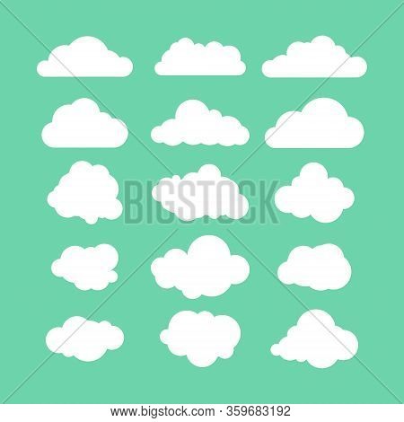 Stock Vector Illustration Set Of Flat Clouds Icon. Green Background.