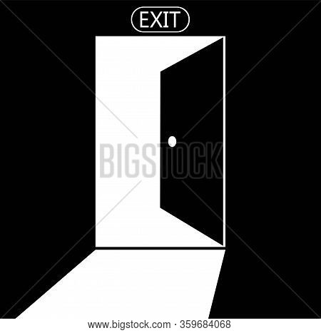 Open Door, Exit, Light Icon In White Color, Isolated On Black Background. Eps 10 Vector.