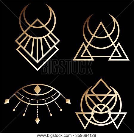Art Deco, Mythology, Egyptian Signs Or Symbols Of The Eyes Triangle Moon Icon In Gold Color Isolated