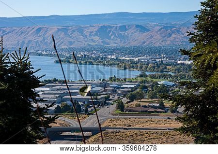 Aerial Landscape Of Wenatchee Valley Washington With The Columbia River Running Through The Valley. 