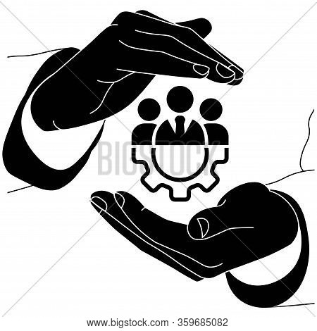 Icon Logo Of Hands Holding Teamwork Management In Black Color Or Business Team, Partnership On An Is
