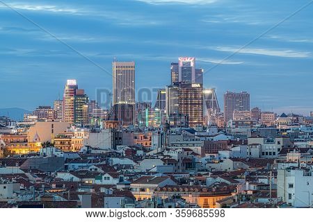 Madrid, Spain - April 13, 2019: Skyline Of Madrid Financial District, Surrounded By The City Housing
