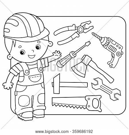 Set of household tools. Cartoon images of saw, wrench, pliers, hammer, axe, screwdriver, drill on white background. Coloring book for kids.