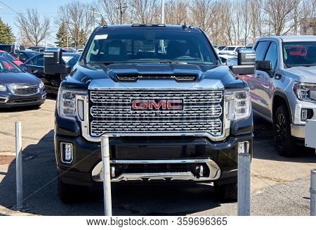 Montreal, Canada - April 4, 2020: Gmc Sierra Denali Car Close-up. Gmc General Motors Company Is A Di