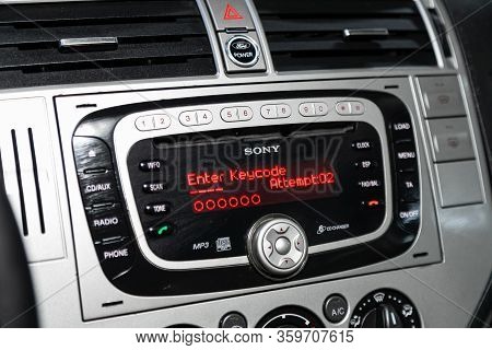 Novosibirsk, Russia - March 04, 2020:   Ford Kuga,  A Close Up On A Black Panel With Radio,  Player 