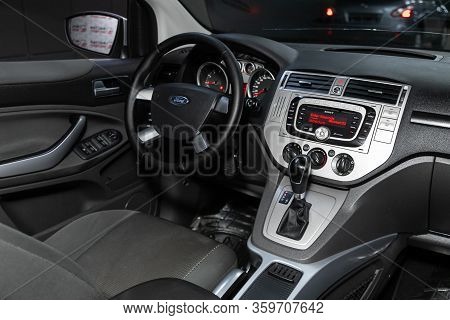 Novosibirsk, Russia - March 04, 2020:   Ford Kuga,  Car Interior - Steering Wheel, Shift Lever, Play