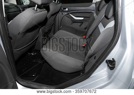 Novosibirsk, Russia - March 04, 2020:   Ford Kuga,  Rear Seat For Passengers In Black Textile, Open 