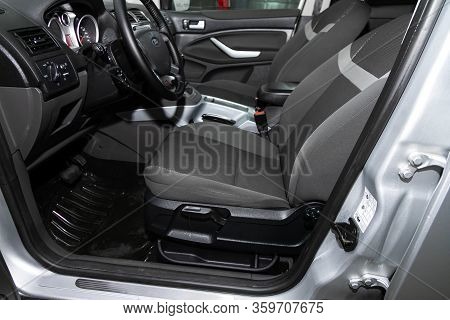 Novosibirsk, Russia - March 04, 2020:   Ford Kuga,  Car Interior - Steering Wheel, Shift Lever, Play