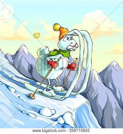 Rabbit Riding In The Mountains On His Ears As Skiing In Winter
