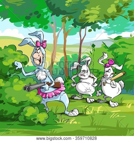 Hunter In A Rabbit Costume Tracks Down Prey In The Forest